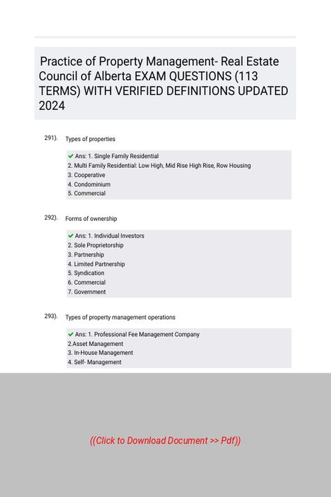 Practice of Property Management Real Estate Council of Alberta EXAM QUESTIONS 113 TERMS WITH VERIFIED DEFINITIONS UPDATED 2024 
 Follow Link above to Download the document (pdf) Real Estate Exam Prep, Real Estate Exam, Real Estate Education, Sole Proprietorship, Math Formulas, Exam Prep, Essay Writing Tips, Home Management, Homework Help