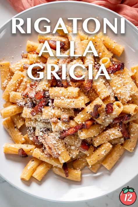 Rigatoni alla Gricia | 12 Tomatoes Roman Pasta, Italian Foods, Pecorino Cheese, Pasta Night, 12 Tomatoes, Fun Recipes, Rigatoni, How To Make Cheese, Italian Dishes