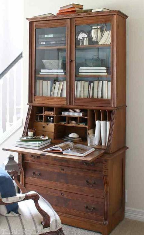 5 Ways To Style A Secretary Antique Secretary Desks Bedroom, Secretary Desk Living Room, Secretary Desk Styling, Secretary Desk In Living Room, Master Hallway, Airy Decor, Living Room Workspace, Secretary Desk With Hutch, Vintage Secretary Desk