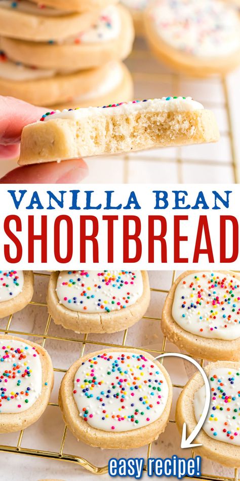 Try these Vanilla Bean Shortbread Cookies for a fun and flavorful twist on classic shortbread. Fragrant vanilla bean paste and a sprinkle topping make these melt-in-your-mouth cookies totally irresistible! Vanilla Shortbread Cookies, Vanilla Bean Recipes, Homemade Shortbread, Vanilla Bean Paste, Shugary Sweets, Frozen Cookie Dough, Bake Goods, Shortbread Recipes, Vanilla Flavor