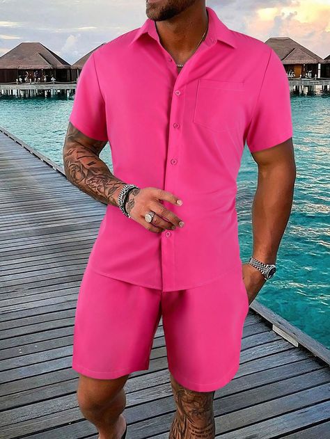 Manfinity RSRT Loose Fit Solid Color Men's Shirt With Pocket Detail Accompanied By Matching ShortsI discovered amazing products on SHEIN.com, come check them out! Pink Shirt Men, Short Rosa, Pink Pants Outfit, Bach Weekend, Rapper Shirts, Hot Pink Shirt, Pants Outfit Men, Shirt Dress Outfit, Shirt With Pocket