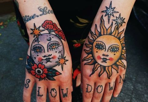 Traditional Tattoo Sun, American Traditional Sun Tattoo, Traditional Sun Tattoo, Sun Tattoo Ideas, Traditional Hand Tattoo, Shin Tattoo, Traditional Tattoo Inspiration, Traditional Tattoo Sleeve, Sun Tattoos