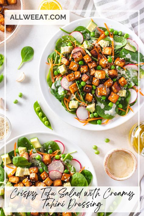 Enjoy a vibrant Crispy Tofu Salad with Creamy Tahini Dressing! This plant-based meal combines golden tofu with fresh greens, crunchy veggies, and a tangy tahini dressing for the perfect balance of flavor and texture. Great for a healthy lunch or dinner idea! #TofuSalad #PlantBasedRecipes #TahiniDressing #VeganMeals #HealthyEats Crispy Tofu Salad, Tofu For Salad Recipes, Vegan Tofu Salad, Tofu Salad Dressing, Thai Salad Recipes, Vegetarian Meal Ideas, Crunchy Veggies, Thai Salad, Foods With Iron