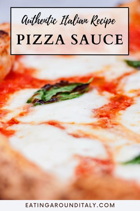 side view of pizza up close garnished with basil with text overlay Pizza Recipes Italian, Recipe For Pizza Sauce, Sauce For Pizza, Pizza Sauce Homemade Italian, Italian Pizza Sauce, Italian Pizza Sauce Recipe, Best Homemade Pizza Sauce, Pizza Italian, Best Pizza Sauce