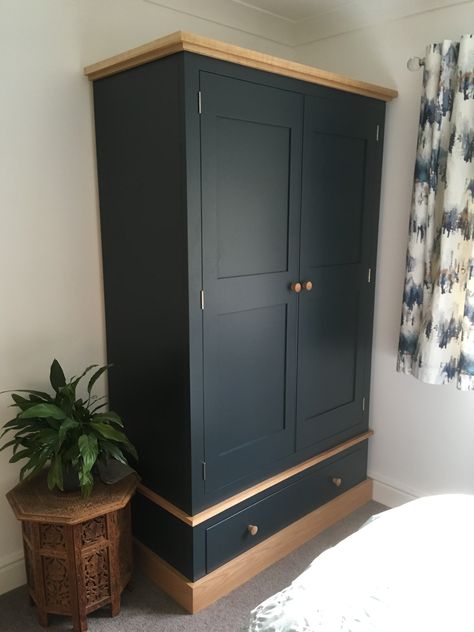 This lovely bespoke painted wardrobe is painted in Farrow and Ball's Hague Blue and features an oak plinth and top. CAN BE MADE ANY SIZE OR COLOUR! Storage Top Of Wardrobe, Repainted Wardrobe Ideas, Rustic Pine Armoire Makeover, Diy Painted Wardrobe, Wardrobe Refurbish Ideas, Amoire Paint Ideas, Painted Bedroom Wardrobes, Wooden Furniture Painting Ideas, Painted Wardrobes Ideas