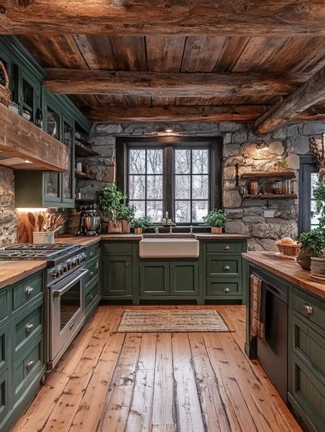 Green Cabinets Brick Backsplash, Dark Green Kitchen Cabinets, Woodland Kitchen, Lodge Style Decorating, Erin Moran, Rustic Kitchen Ideas, Earthy Kitchen, Brick Backsplash Kitchen, Dark Green Kitchen