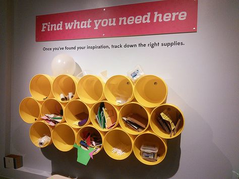 Classroom Resource Wall | 5 gallon buckets bolted to the wal… | Flickr Interesting Shelving, 5 Gallon Buckets, Bucket Ideas, Resource Classroom, Buckets, Classroom Decor, The Wall, The Unit, Shelves