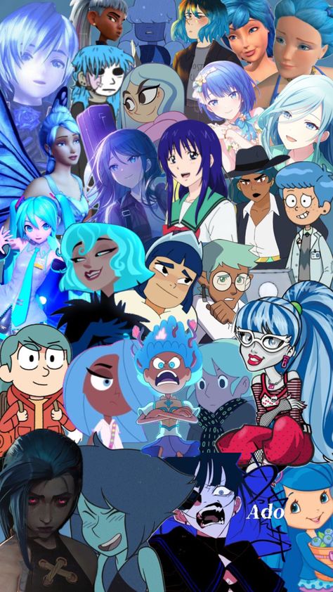 blue haired characters #blue #bluehair #blueberrymuffin #jinx #nori #greenwood #sapphire #lapislazuli #ghoulia #anneboonchuy #mermista #teruhashi #casstts #sallyface #melanieking #frosta #ichikahoshino Blue Haired Characters Halloween, Blue Haired Characters, Halloween Profile Pics, Halloween Profile, Character Halloween Costumes, Blue Green Hair, Cosplay Hair, Wallpaper Doodle, Wolf Drawing