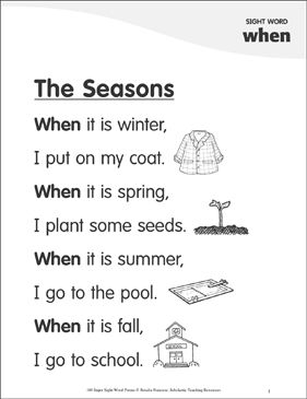 More In This Series Rhyming Poems For Kids, Sight Word Stories, Kindergarten Poems, Preschool Poems, Nursery Rhymes Poems, English Poems For Kids, Seasons Lessons, Seasons Poem, The Sight Word