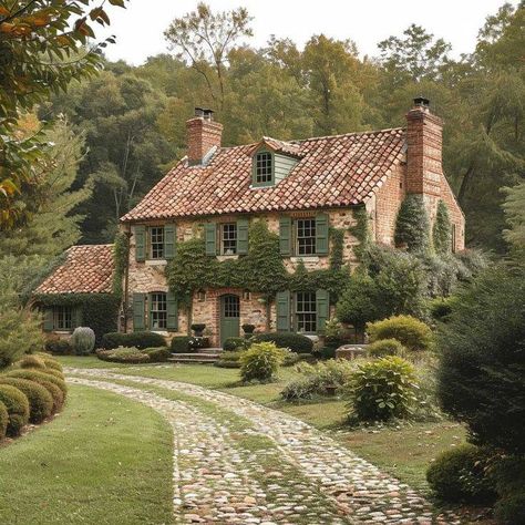 Old English Brick House, Red Brick House With Addition, Rustic Red Brick House Exterior, Green House Exterior With Brick, Vintage Brick House, Country Side Homes Interior, Brick Cottage Homes, Brick English Cottage, Stone Houses Rustic