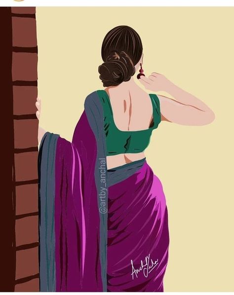 Girl in pink saree and looking apposite side Girl In Saree Illustration, Sari Drawing, Saree Painting, Nose Drawing, Drawing Stencils, Drawing Wallpaper, Drawing Letters, Cartoon Coloring Pages, Drawing Templates