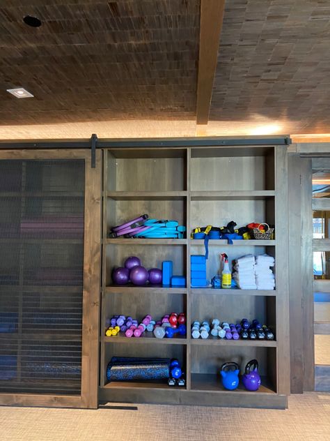 Gym Cubbies Storage, Small Room Storage Solutions, Fitness Equipment Storage, Gym Equipment Storage, Small Room Storage, Home Gym Mirrors, Closet Conversion, Built In Cubbies, Commercial Gym Equipment