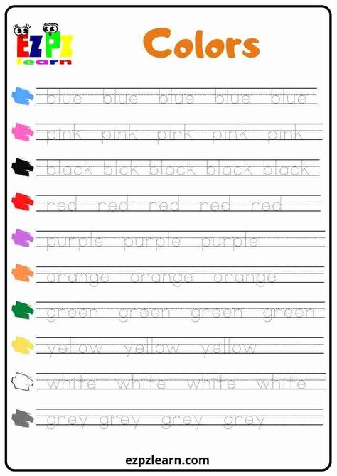 Trace The Words Worksheets, English Worksheets For Preschoolers, Trace Words Worksheets, Color Tracing Worksheet, Writing Colors Worksheet, Word Tracing Printables Free, Trace Colors Worksheet, Trace And Color Worksheets For Kids, Tracing Activities For Kindergarten