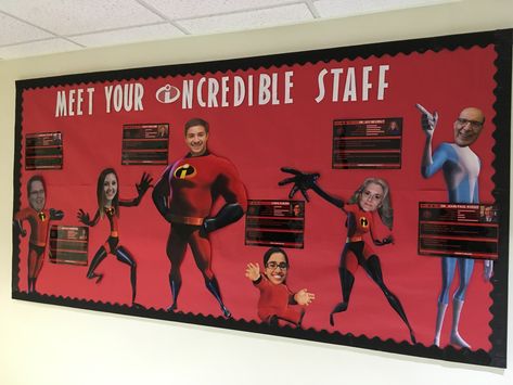 Meet your incredible staff. The incredibles and Pixar themed bulletin board - CK Incredible Classroom Theme, Teacher Picture Bulletin Board, Staff Bulletin Boards Meet The, Meet Our Staff Bulletin Board Ideas Office, Meet The Team Bulletin Board Office, Meet The Team Board, Ra Staff Bulletin Board, Meet Our Staff Board, Meet Your Teacher Bulletin Board