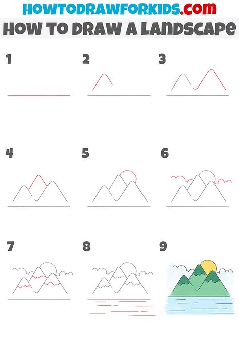 How to Draw a Landscape - Easy Drawing Tutorial For Kids How To Draw A Mountain, Landscape Drawings Easy For Kids, How To Draw Landscape Step By Step, Draw Landscape Step By Step, Landscape Easy Drawing, How To Draw For Kids, Landscape Drawing For Kids, Landscape Step By Step, Trin For Trin Tegning