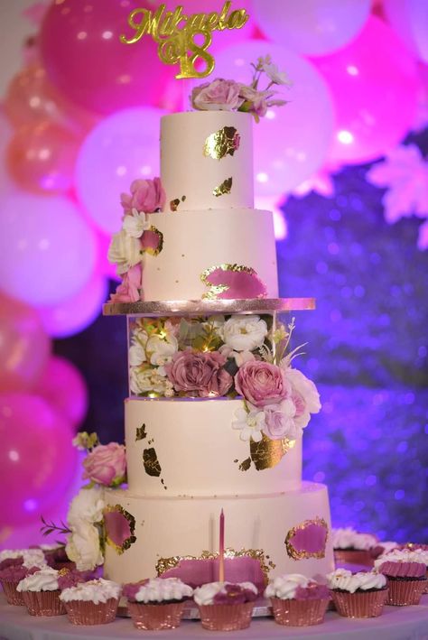 5 Tier Birthday Cake, Debut Cake 18th Elegant, Debut Cake 18th, Cake For 18th Birthday, 5 Tier Cake, Debut Cake, Baking Competition, Floral Cake Design, Pearl Balloons