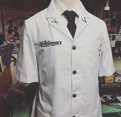 The Gentlemen's Barbershop #barbershop #barber #barberpole #custommade #barbersmock #sartorandvillain Barber Uniform, Mobile Barbershop, Barber Clothing, Chef Dress, Shop Uniform, Barber Cut, Barber Shop Interior, Barber Haircuts, Barber Equipment