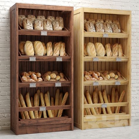 Bread Shelves Bread Storage Ideas, Bread Shelves, Bakery Shelves, Bread Shelf, Design Supermarket, Cupcake Kitchen Decor, Bakery Shop Interior, Puding Roti, Bread Display