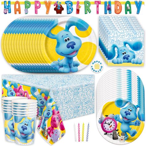 PRICES MAY VARY. Join Blue, Magenta and Steve in hosting a Blues Clues birthday party that your child will always remember! The Blues Clues party supplies kit contains everything you need for easy, fast setup and takedown. This Blues Clues Birthday Party supplies pack includes more than just disposable dinnerware--it also has festive decorations perfect for tying the room together. Total Pieces -- This set includes enough Blue Clues birthday party supplies to host a party of 16 guests: 1 table cover, 12 candles, 16 large 9" paper plates, 16 small 7" paper plates, 16 paper cups, 16 paper napkins, 1 Happy Birthday banner, and 1 "Happy Birthday" sticker. Decorations -- The Happy Birthday banner is the perfect way to add a visual pop to your child's party. Suspend it over the gift table, or us Blues Clues Party Supplies, Blues Clues Birthday Party, Blue's Clues Birthday, Blues Clues Birthday, Blue's Clues Birthday Party, Clue Party, 1 Happy Birthday, Decorations Birthday Party, Plastic Table Cover