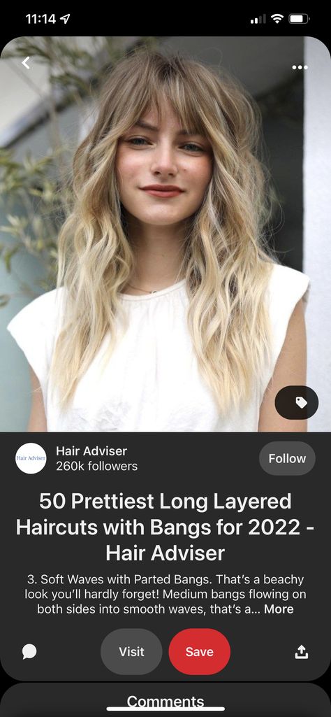 Beach Hair With Bangs, Beach Waves With Bangs, Beach Waves Long Hair, Long Beach Waves, Layered Haircuts With Bangs, Parted Bangs, Blonde Wavy Hair, Beach Wave Hair, Girl Haircut