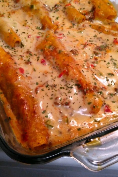 Easy Cheesy Beef Enchiladas, Beef Enchiladas With Queso Sauce, Creamy Beef Enchiladas, Cheesy Beef Enchiladas, Beef Enchiladas Recipe, Skillet Enchiladas, Enchiladas Recipes, Easy Enchilada Recipe, Mexican Enchiladas