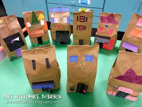 Paper Bag Buildings, Paper Bag House, Paper Bag Art, Classroom Management Ideas, Bag House, Kindergarten Art Lessons, Teaching Crafts, Preschool Art Projects, Teacher Board