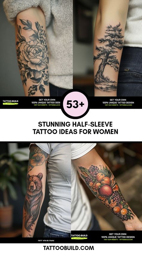 Explore 53 stunning women's half-sleeve tattoo ideas featuring floral motifs, animal designs, and elegant artistry. This pin showcases diverse tattoo inspirations with beautiful details across 4 images. Women Tattoo Ideas Arm, Collage Tattoos For Women, Women Arm Tattoo Ideas Half Sleeves, Women Half Sleeve Tattoo Classy, Art Deco Tattoo Woman, Sleeve Tattoos Women, Floral Half Sleeve Tattoo, Unique Half Sleeve Tattoos, Art Deco Tattoo