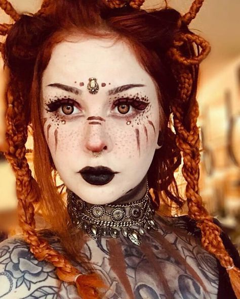 @vani.wnka . #pagan #goth #tribal #wasteland #postapocalyptic #fairy #viking #nature #gothgirl #makeup #redhair #freckles #dreads… Pagan Makeup, City Of Ghosts, Warrior Makeup, Viking Makeup, Carnival Makeup, Witch Makeup, Theatrical Makeup, Character Makeup, Smink Inspiration