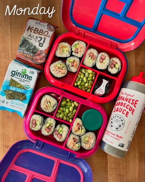 Weekly Lunchbox Recap // another week with zero school cafeteria lunches! Packing our kids lunchboxes with things they enjoy, helps us feed them healthy food more affordably. 💡SAVE this grocery list for when you need quick ideas! MON: cooked sushi rolls (see previous reel for the detailed post about this 🫶🏼) de-shelled edamame nori seaweed snacks TUES: 1/2 sandwich- sliced cha and cheese edamame cuties 🍊 cucumber + tajin maple strudel bread WED: 1/2 sandwich turkey and cheese cutie ... Cooked Sushi Rolls, Sandwich Turkey, Cooked Sushi, Sushi For Kids, Shelled Edamame, Kids Lunch Box Meals, Seaweed Snacks, Nori Seaweed, School Cafeteria