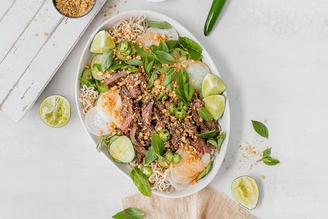 Thai Beef Noodle Salad, Beef Noodle Salad, Napa Cabbage Slaw, Noodle Salad Cold, Thai Beef, Sliced Steak, Noodle Salad, Low Cholesterol, Skirt Steak