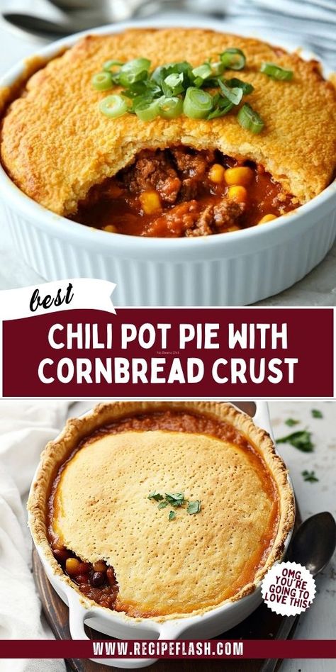 Searching for a crowd-pleasing dinner option? This Chili Pot Pie With Cornbread Crust Recipe brings together rich chili and a buttery crust for a meal that’s both hearty and comforting. Save this recipe now for your next family feast or game night. A must-try for all chili fans! Pot Pie With Cornbread Crust, Family Dinners Easy, Chili Pot Pie, Thanksgiving Corn Bread, Dutch Oven Chili, Unique Chili Recipes, Cornbread Topping, Cornbread Crust, Classic Chili Recipe