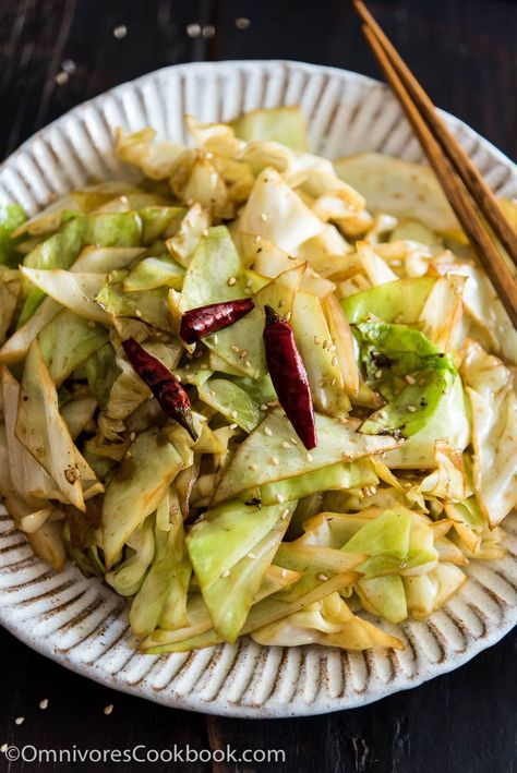 Infuse the oil with aromatics and then toss at a high heat, this adds a smoky flavor to the sweet fried cabbage and makes a quick and delicious side dish. Chinese Cabbage Stir Fry, Stir Fried Cabbage, Fried Cabbage Recipe, Spicy Cabbage, Sauteed Cabbage, Cabbage Stir Fry, Chinese Vegetables, Cabbage Recipe, Fried Cabbage