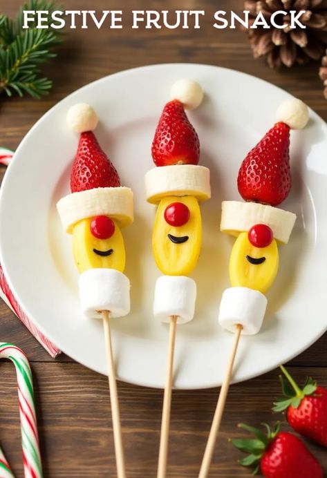 Bring joy to your holiday gatherings with these delightful Christmas Fruit Skewers! Made with banana slices topped with grape and strawberry Santa hats, these festive treats are not only fun to make but also bursting with flavor. Perfect for family celebrations, these skewers are decorated with candy eyes and noses, making them a hit with both kids and adults alike. Strawberry Banana Grape Santa, Christmas Fruit Skewers, Santa Hat Fruit, Santa Hats Fruit, Strawberry Santa Hats, Strawberry Santa, New Years Eve Snacks, Strawberry Santas, Candy Eyes