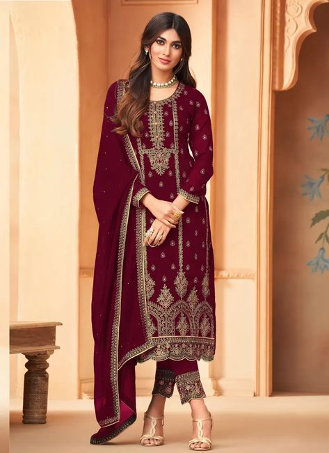 Embroidered Work Pant Style Pakistani Salwar Suit Georgette Salwar Suit, Wine Pants, Celana Fashion, Salwar Suits Party Wear, Georgette Tops, Pakistani Salwar Kameez, Silk Bottoms, Purple Pants, Embroidered Pants