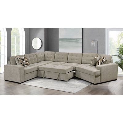 This oversized sectional sofa with a storage chaise is a versatile and comfortable piece of furniture designed for large spaces such as dorms or apartments. The main color of the sofa is a stylish grey, and it is manufactured in China using upholstered material filled with foam for added comfort. Fabric: Light Gray Polyester Blend | Multi Color Sectional - Hokku Designs Qaiss 4 - Piece Upholstered Corner Sectional 36.5 H x 149.0 W x 97.5 D in grayPolyester | 97.5" L x 149.0" W x 36.5" H | Wayfai Chaise Lounge Couch, Oversized Sectional, Oversized Sectional Sofa, Large Sectional Sofa, Sofa Bed With Chaise, U Shaped Sectional Sofa, Apartment Dorm, Lounge Couch, Sectional Sofas Living Room