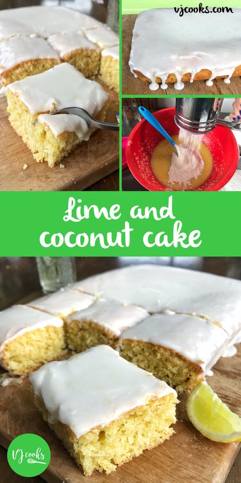 Dairy-free lime and coconut cake, easy recipe from VJ cooks. Lime and coconut sheet cake, lime and coconut tray cake. dairy free coconut and lime cake. Lemon and coconut cake. #limesheetcake #vjcooks #limeandcoconut Lime Slice, Coconut Traybake Recipes, Lime In The Coconut Cake, Lime And Coconut Cake, Coconut Cake With Lemon Curd Filling, Vegan Lemon Coconut Cake, Coconut Soaked Lime Cake, Coconut Lime Cake, Vegan Coconut Cake