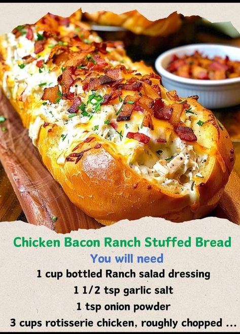 Stuffed Bread, Ranch Salad Dressing, Jamie Oliver Recipes, Bread Ingredients, Savory Chicken, Chicken Bacon Ranch, Cooked Chicken, Italian Bread, Bacon Ranch