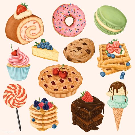 Delicious hand painted desserts vector set | free image by rawpixel.com / Noon Dessert Art Illustration, Desserts Painting, Dessert Images, Dessert Painting, Dessert Drawing, Candy Background, Desserts Drawing, Dessert Art, Dessert Illustration