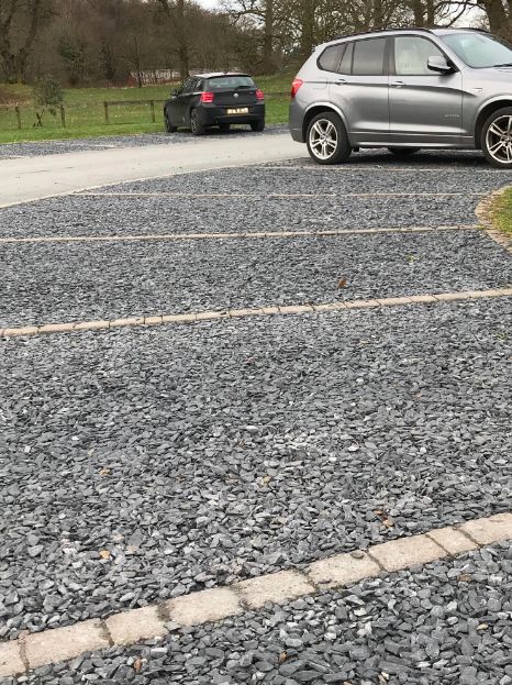 Guest Parking Driveway, Farm Parking Ideas, Farmhouse Parking Area, Stone Parking Area, Beautiful Parking Lot, Diy Parking Area, Gravel Parking Area In Front Of House, Car Parked Outside House, Small Parking Area Ideas