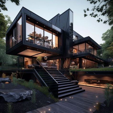 Black Modern House Exterior Luxury, Dark Luxury House Exterior, Black Mansion Exterior, Black Luxury House Exterior, Dark Luxury House, Modern Black House Exterior, Black Luxury House, Dark Modern House, Houses On Wheels