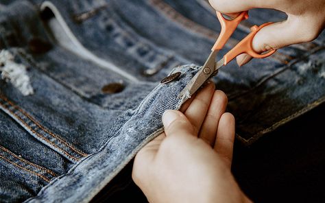 DIY: How to Distress Your Denim | The GentleManual How To Distress Denim Jacket Diy, Distressed Denim Techniques, Diy Distressed Jean Jacket, Distressing Denim Jacket Diy, Denim Jacket Hacks, How To Distress Jean Jacket, How To Distress Denim Jacket, Boho Denim Jacket Diy, Distressed Denim Jacket Diy