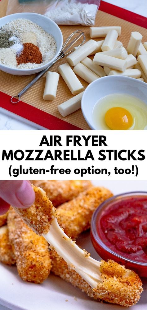 Easy Gluten Free Dinner Air Fryer, Airfryer Cheese Sticks, Gluten Free Air Fryer Mozzarella Sticks, Mozzarella Sticks In The Air Fryer, Air Fryer Game Day Snacks, Air Fryer Baked Recipes, Mozzarella Stick Recipes Air Fryer, Gf Mozzarella Sticks, Savory Healthy Dinner