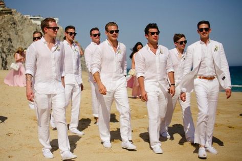 White Tuxedo Wedding Groom, Groom Wearing White, Groom Beach Wedding, White Tuxedo Wedding, Chic Beach Wedding, Beach Wedding Groom, Wedding In Mexico, San Lucas Mexico, All White Wedding