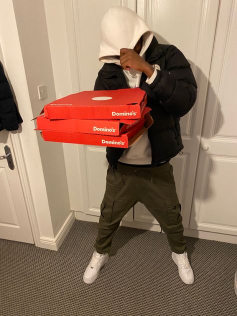 white af1, green cargos, white sicko hoodie, black nupste jacket, dominos pizza box White Af1, Green Cargos, Dominos Pizza, Pizza Box, Pizza Boxes, Pizza, My Style, Green, White