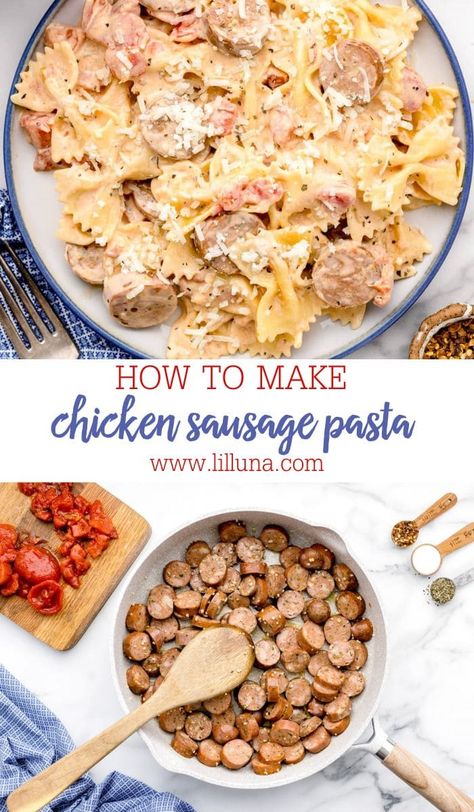 Creamy chicken sausage pasta is a quick and simple dinner dish that is on the table in no time. It's a family favorite! #chicken #sausage #pasta #sausagepasta #dinner Recipes With Chicken Sausage Links, Creamy Chicken Sausage Pasta, White Cream Sauce Pasta, Chicken Apple Sausage Pasta, Chicken Sausage Recipes Pasta, Easy Dinner Dishes, Ricotta Stuffed Chicken, Chicken Sausage Recipes, Chicken Sausage Pasta