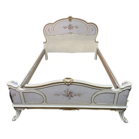 A beautiful bed for sale. Cram painted and crakle finish French bed with gilt elements. In very good, vintage condition. Dimensions are 170 cm wide by 221 long and 126 high. Pretty Bed Frames, Coquette Bed Frame, Rococo Room, Baroque Bedroom, Mermaid Cottage, Bed For Sale, Pretty Bedding, Magical Furniture, Canopy Bed Frame