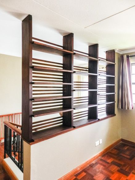 A way to make an upstairs loft kid-safe. Shelf Divider Ideas, Shelving Divider, Half Wall Staircase, Ideas For Rooms, Staircase Diy, Half Wall Ideas, Loft Railing, Shelf Divider, Open Stairs