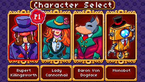 I've been working on the character select screen for Monsters & Monocles this week. Four player co-op is so much fun! :D Quick Games, Pixel Characters, Board Game Design, Octopus Design, Hack And Slash, Video Game Design, Video Trailer, Pc Windows, 8 Bits