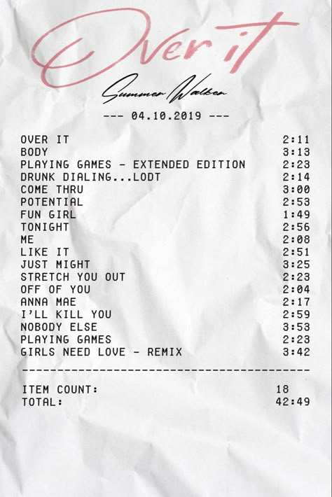 Receipt Music, Summer Walker Cover, Over It Summer Walker, Summer Walker Poster, Iphone Makeover, Album Receipts, Album Receipt, Dorm Prints, Walker Wallpaper