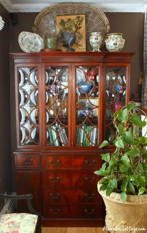 HometoCottage.com vintage breakfront secretary with bubble glass 1 100 Year Old House, Glass China Cabinet, Breakfront Cabinet, Entry Area, China Cupboard, Simple Decorating, Inside Decor, Glass Cabinet, Bubble Glass